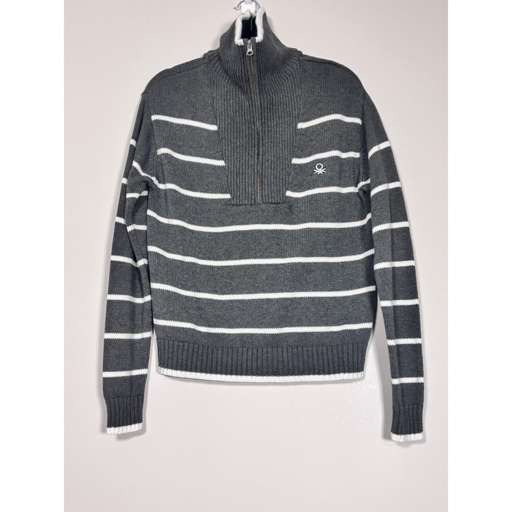 United Colors of Benetton Womens Quarter Zip Striped Sweater Gray White Small